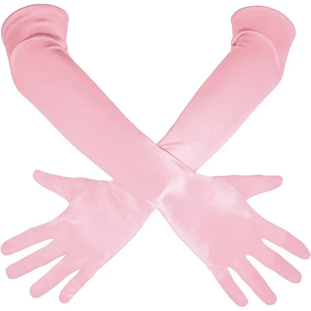 Women's Pink Shiny Satin Long Gloves Elbow Length Wedding Dancing Party Tea